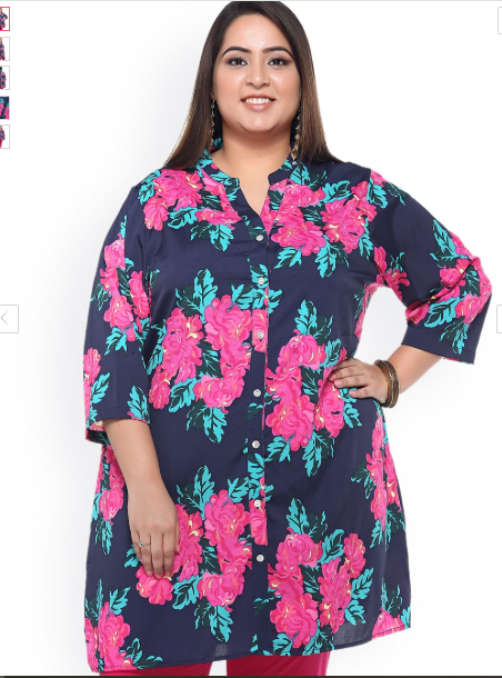 Plus Size Navy & Pink Floral Print Polyester Tunic