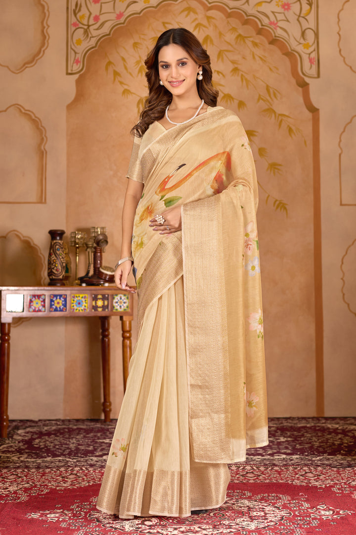 Chanderi silk digital print Off White Colour saree with gold border swan design