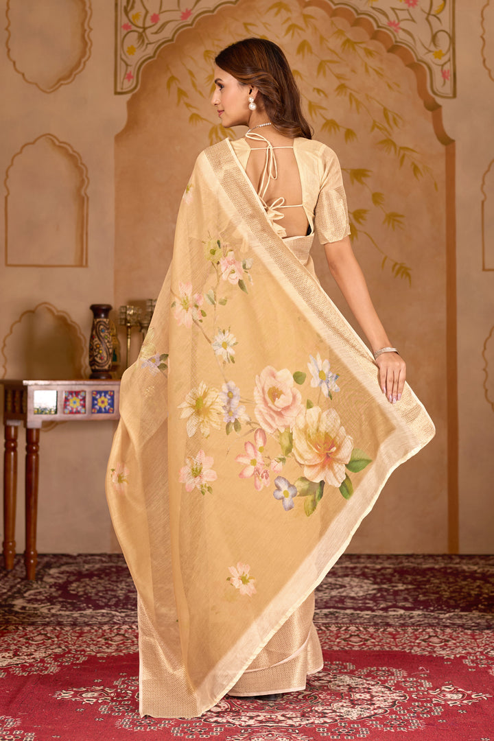 Chanderi silk digital print Off White Colour saree with gold border swan design