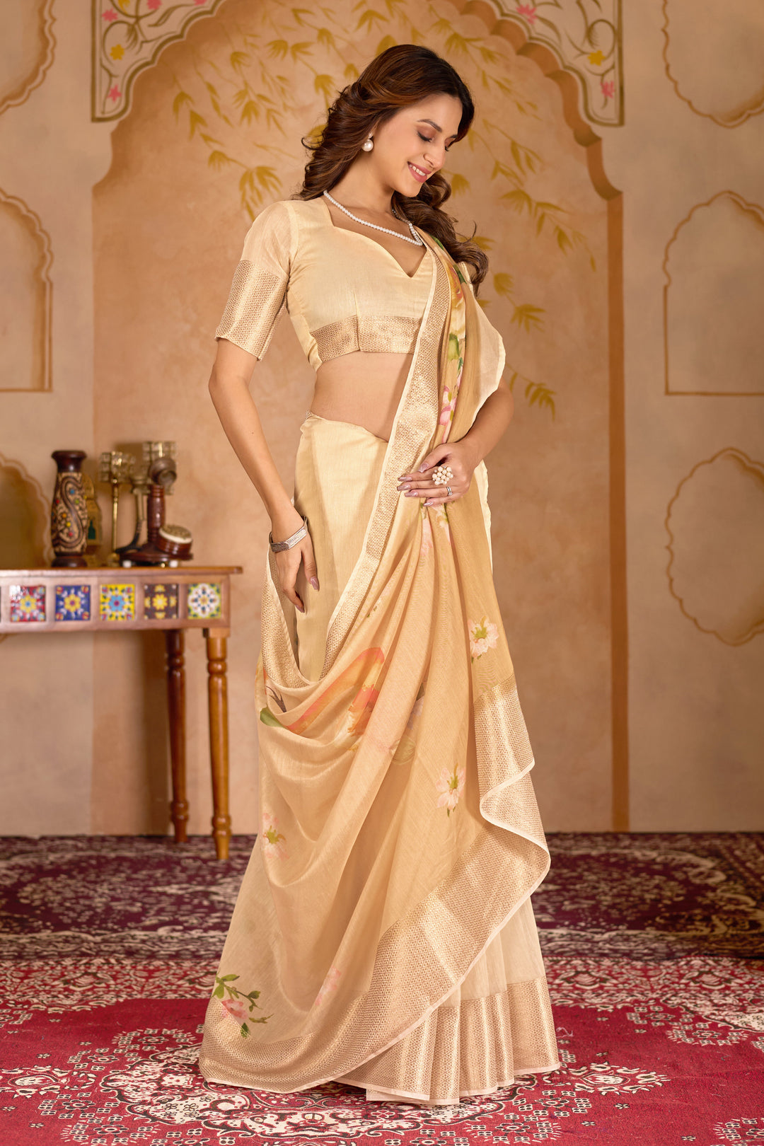 Chanderi silk digital print Off White Colour saree with gold border swan design