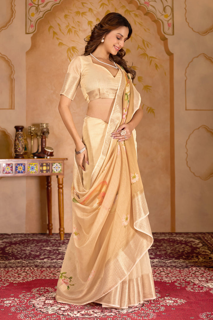 Chanderi silk digital print Off White Colour saree with gold border swan design