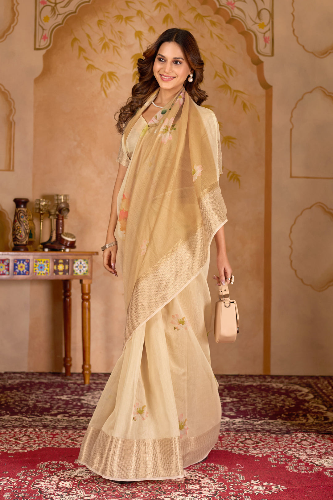 Chanderi silk digital print Off White Colour saree with gold border swan design