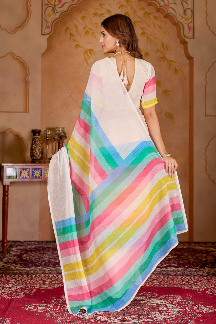 Cotton linen digital print White-Blue with Pink and Yellow saree with colour border design