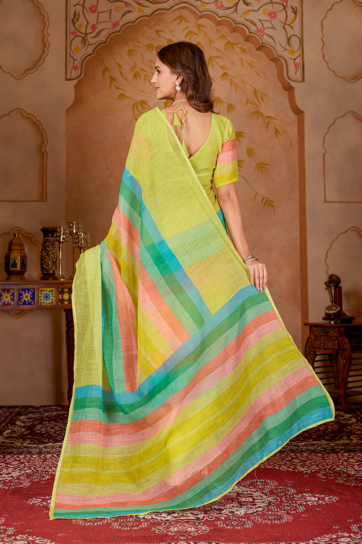 Cotton linen digital print Yellow Colour saree with colour border design