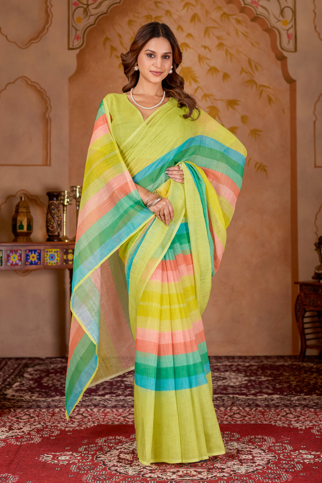 Cotton linen digital print Yellow Colour saree with colour border design