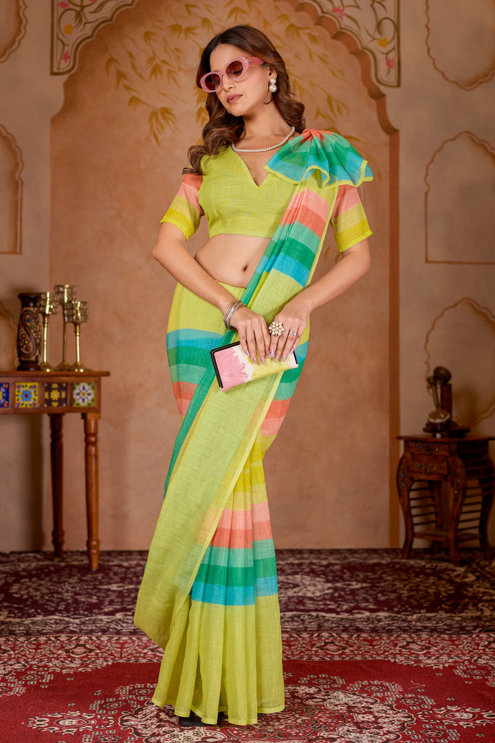 Cotton linen digital print Yellow Colour saree with colour border design