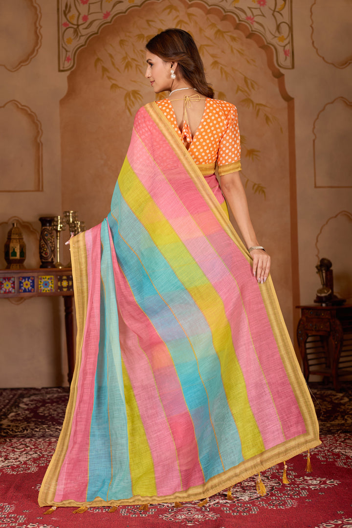 Rangeen cotton linen digital print Multi colour saree with gold border.