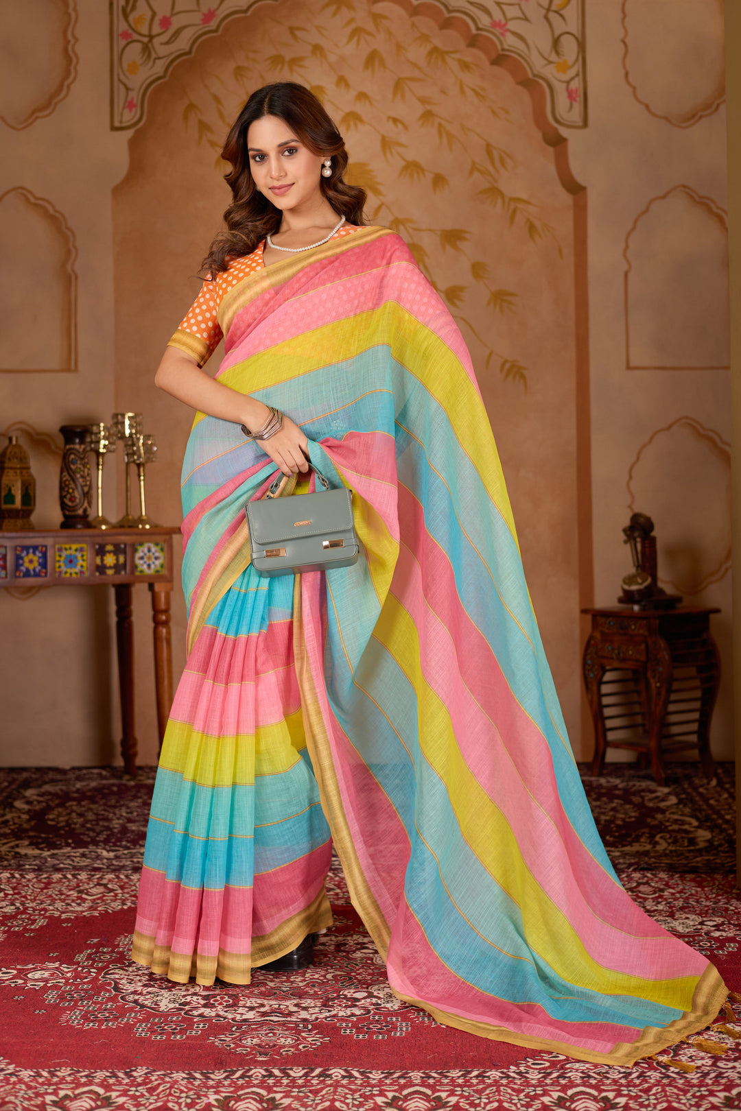 Rangeen cotton linen digital print Multi colour saree with gold border.