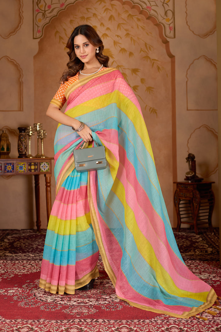 Rangeen cotton linen digital print Multi colour saree with gold border.