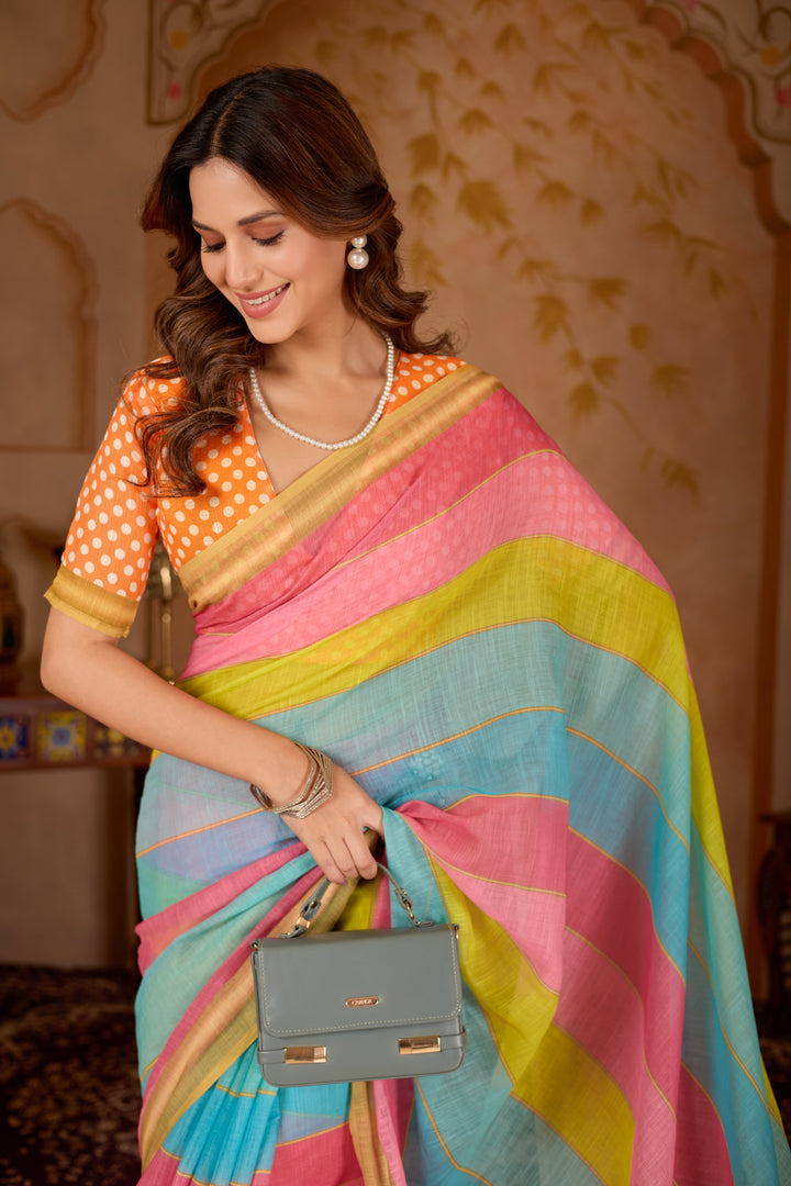 Rangeen cotton linen digital print Multi colour saree with gold border.