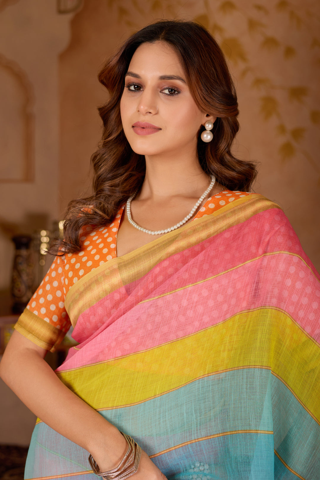 Rangeen cotton linen digital print Multi colour saree with gold border.