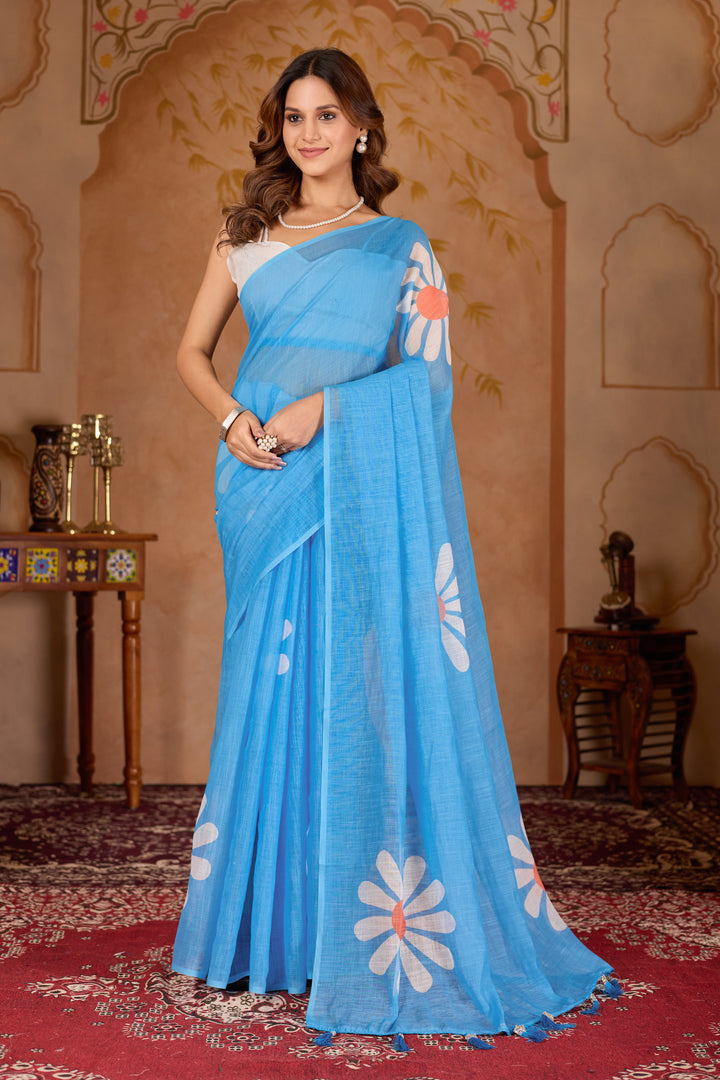 Gulbahar cotton linen digital print Light Sky Blue saree with heavy tassels