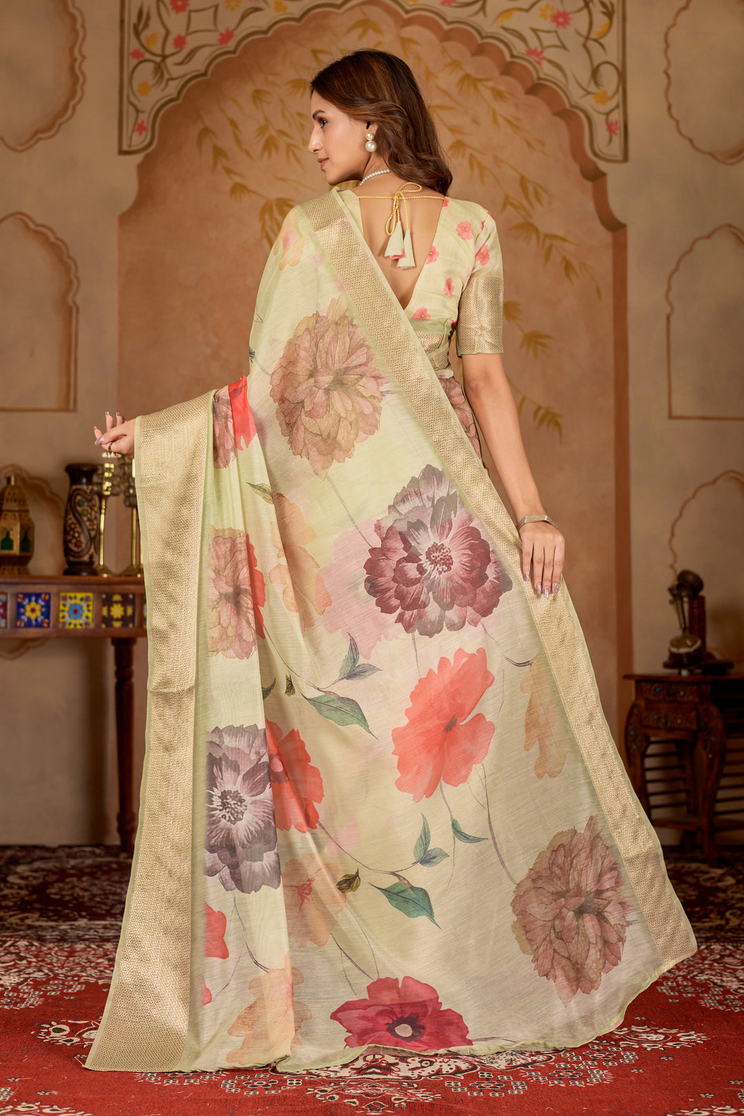 Chanderi silk floral digital print White Colour saree with gold border