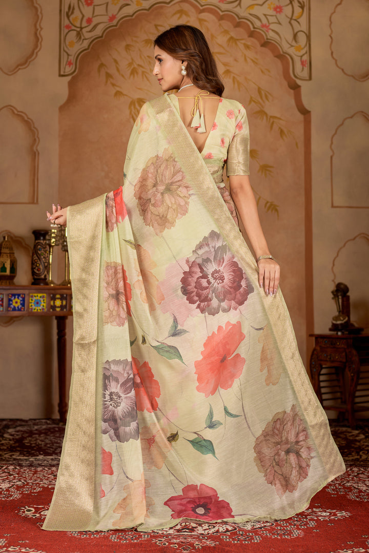 Chanderi silk floral digital print White Colour saree with gold border