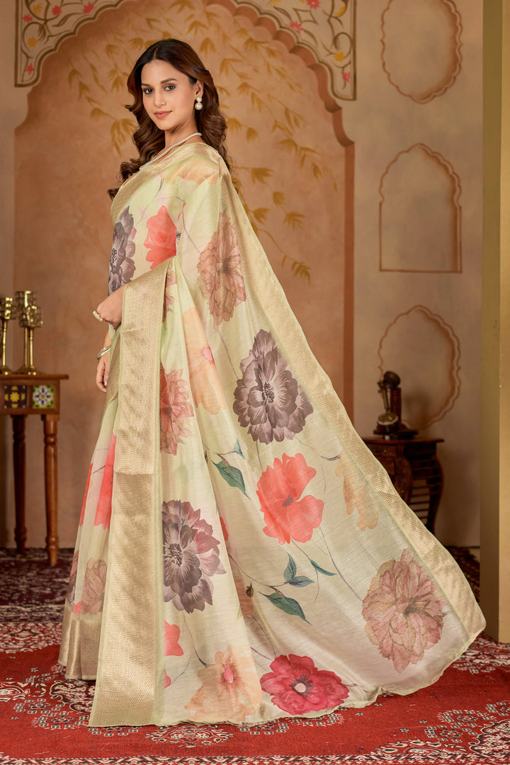 Chanderi silk floral digital print White Colour saree with gold border