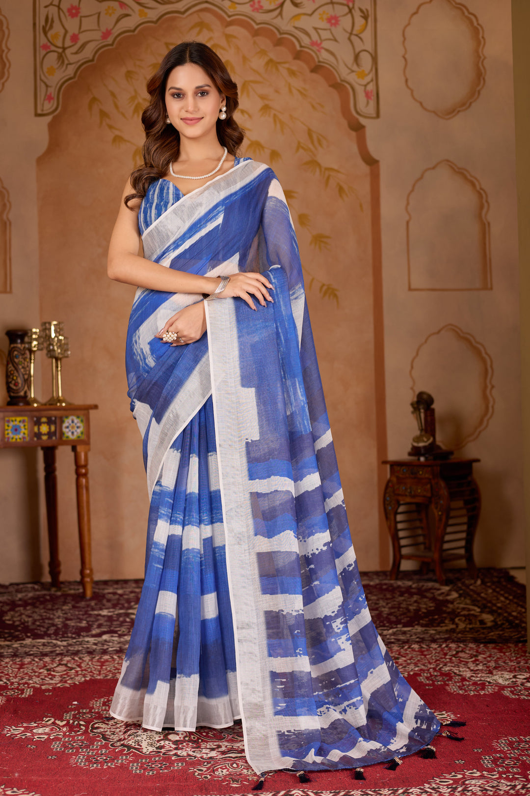 Indigo cotton linen digital print Navy Blue saree with silver border.