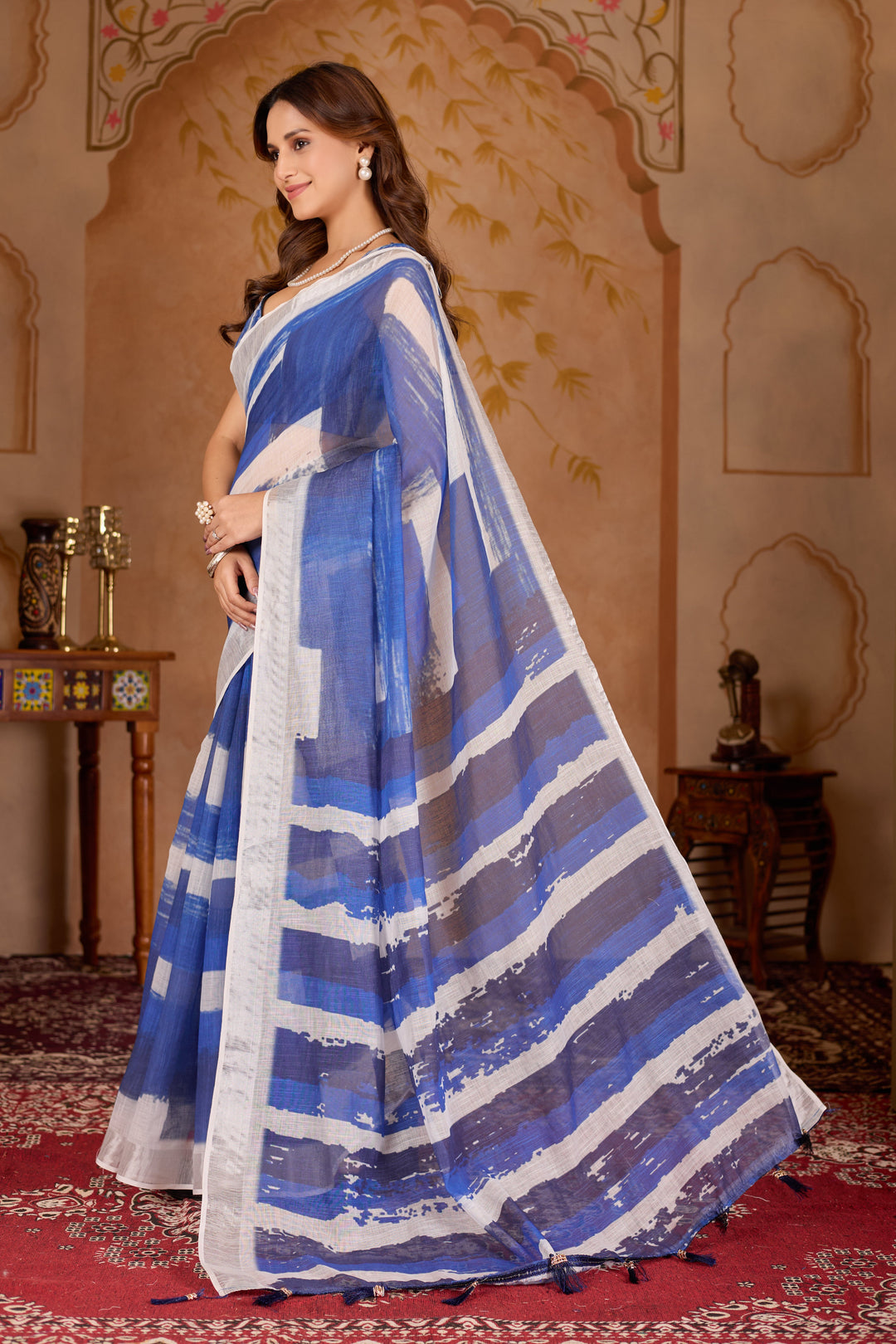 Indigo cotton linen digital print Navy Blue saree with silver border.