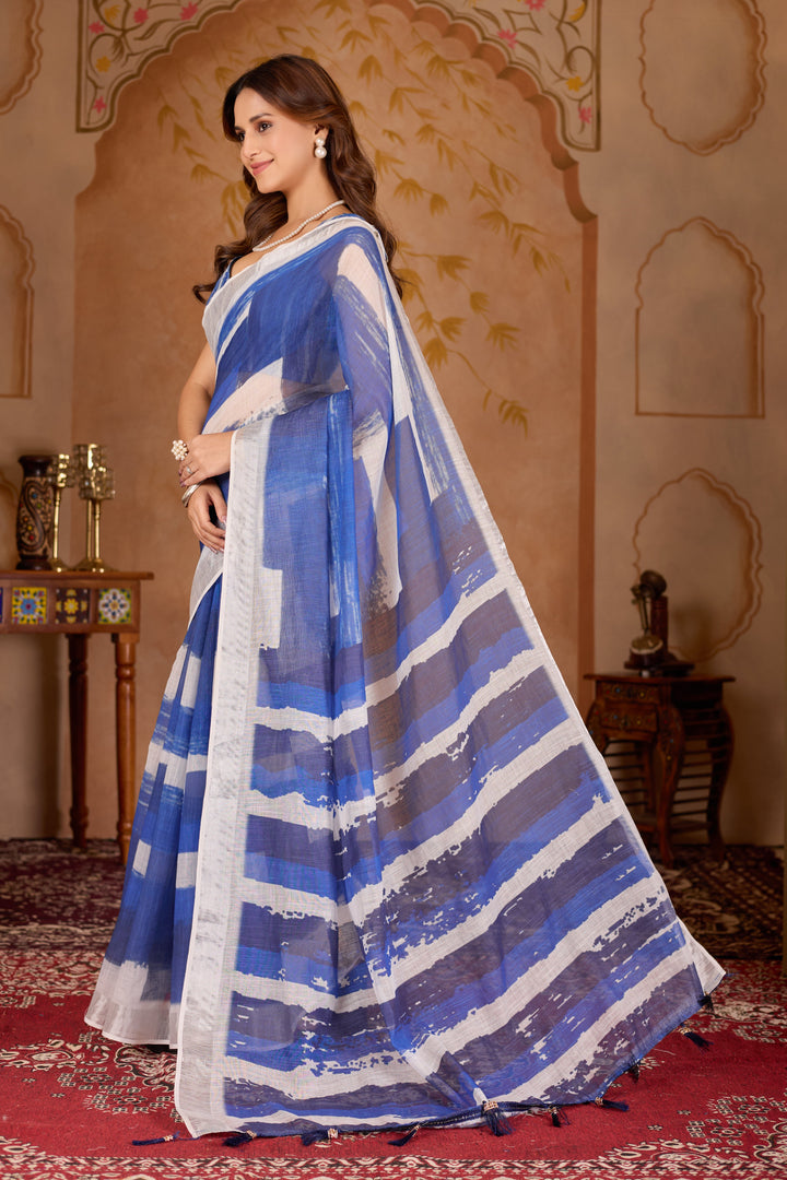 Indigo cotton linen digital print Navy Blue saree with silver border.