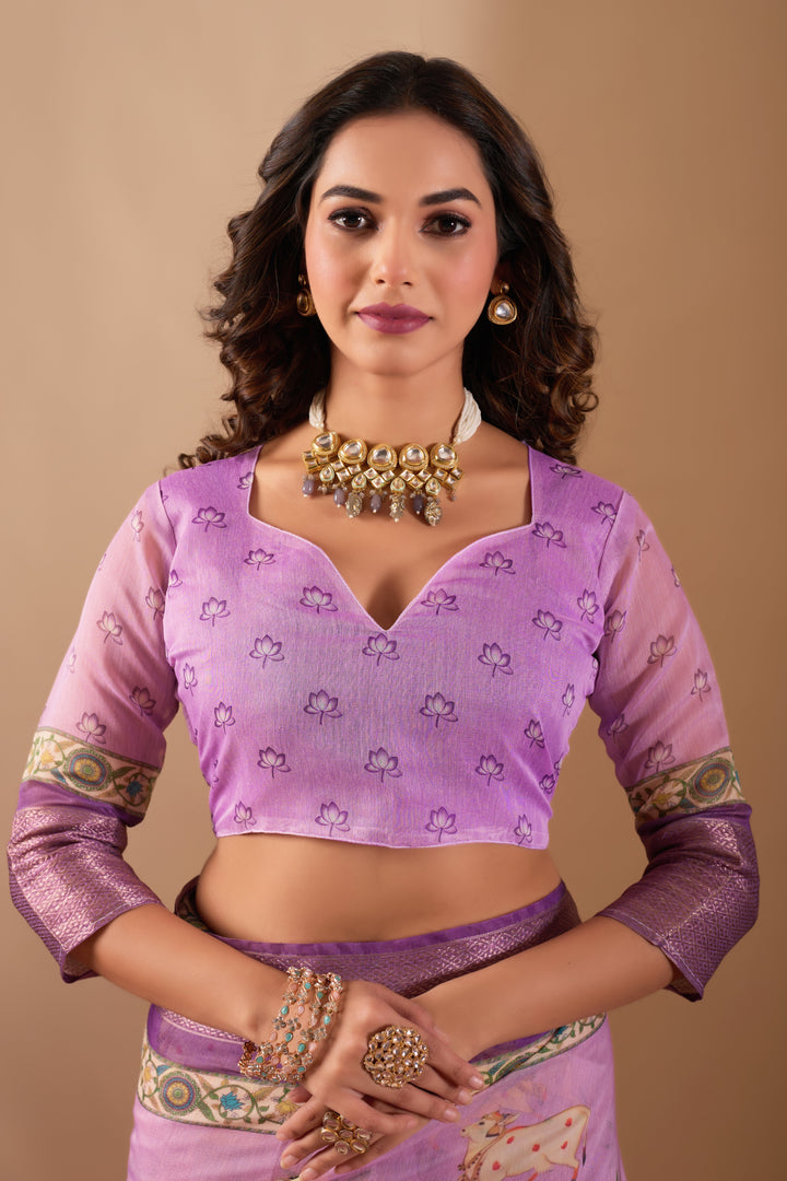 Chanderi silk  golden border digital print pichwai saree