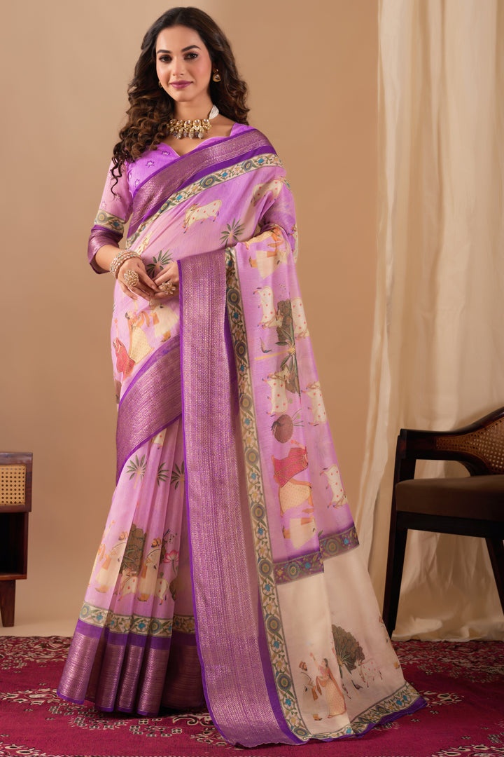 Chanderi silk  golden border digital print pichwai saree