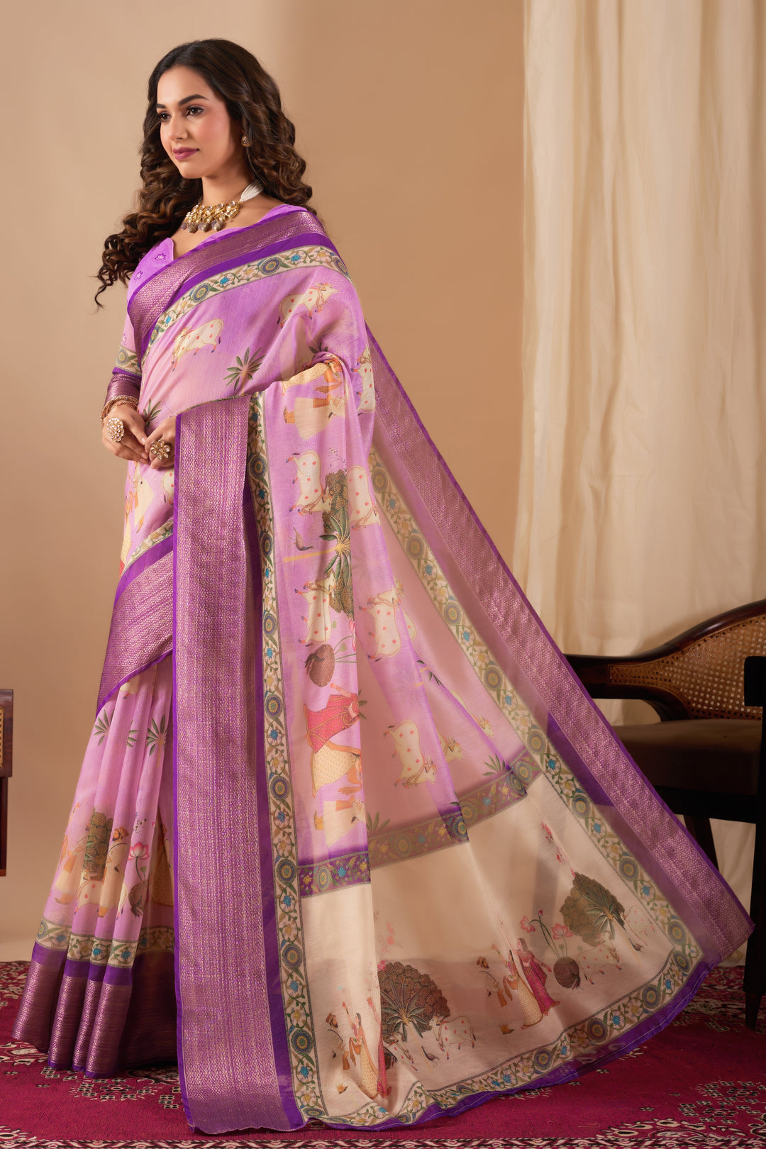 Chanderi silk  golden border digital print pichwai saree