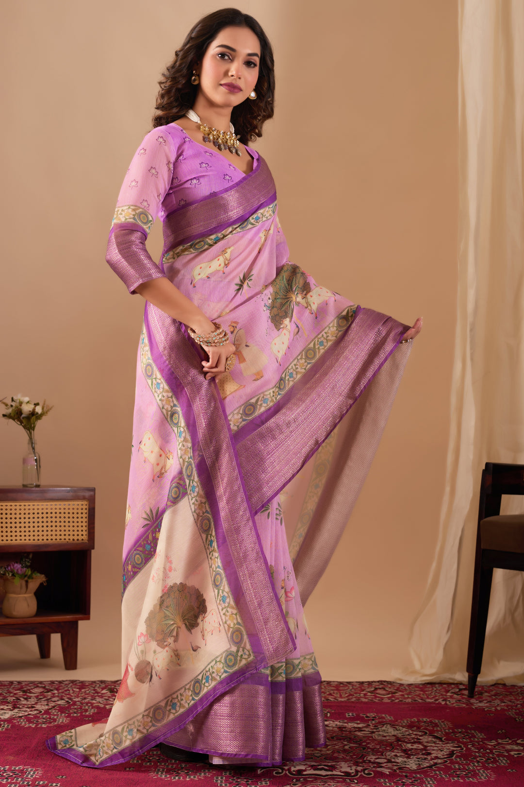 Chanderi silk  golden border digital print pichwai saree