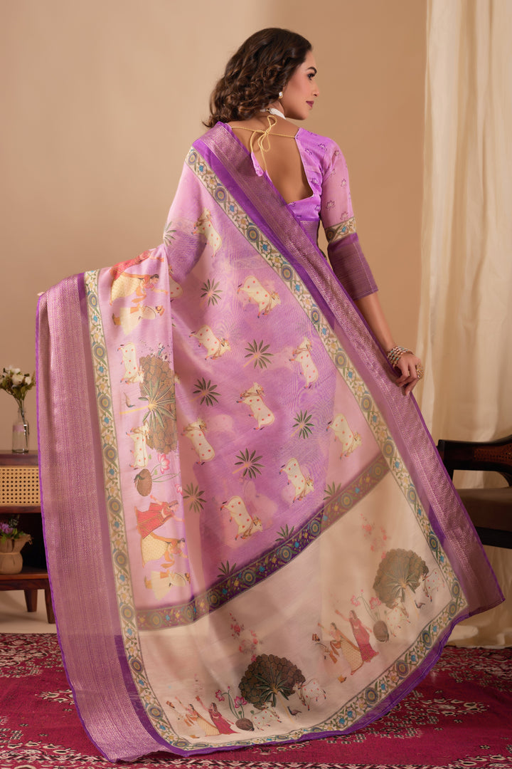 Chanderi silk  golden border digital print pichwai saree