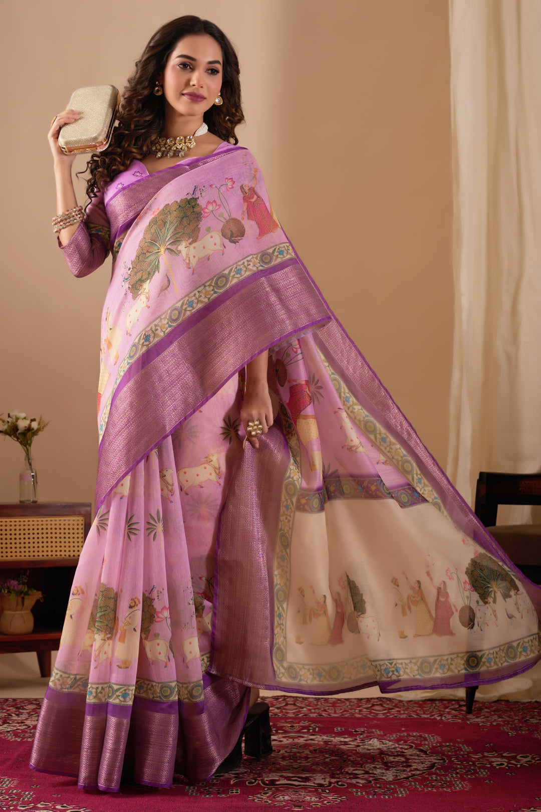 Chanderi silk  golden border digital print pichwai saree