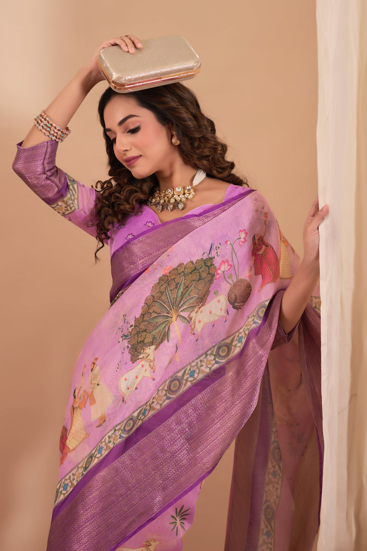 Chanderi silk  golden border digital print pichwai saree