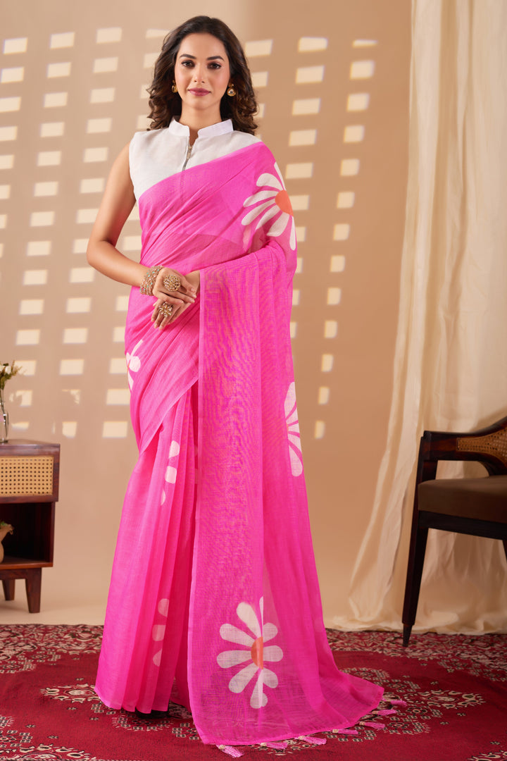 Gulbahar cotton linen digital print Light Pink saree with heavy tassels