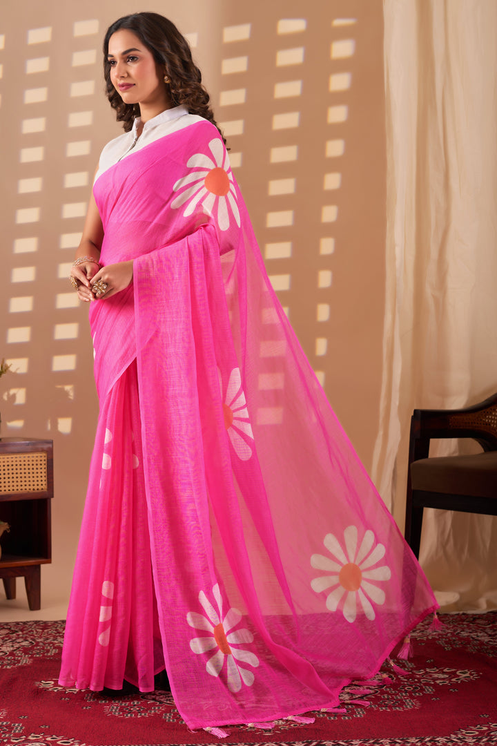 Gulbahar cotton linen digital print Light Pink saree with heavy tassels