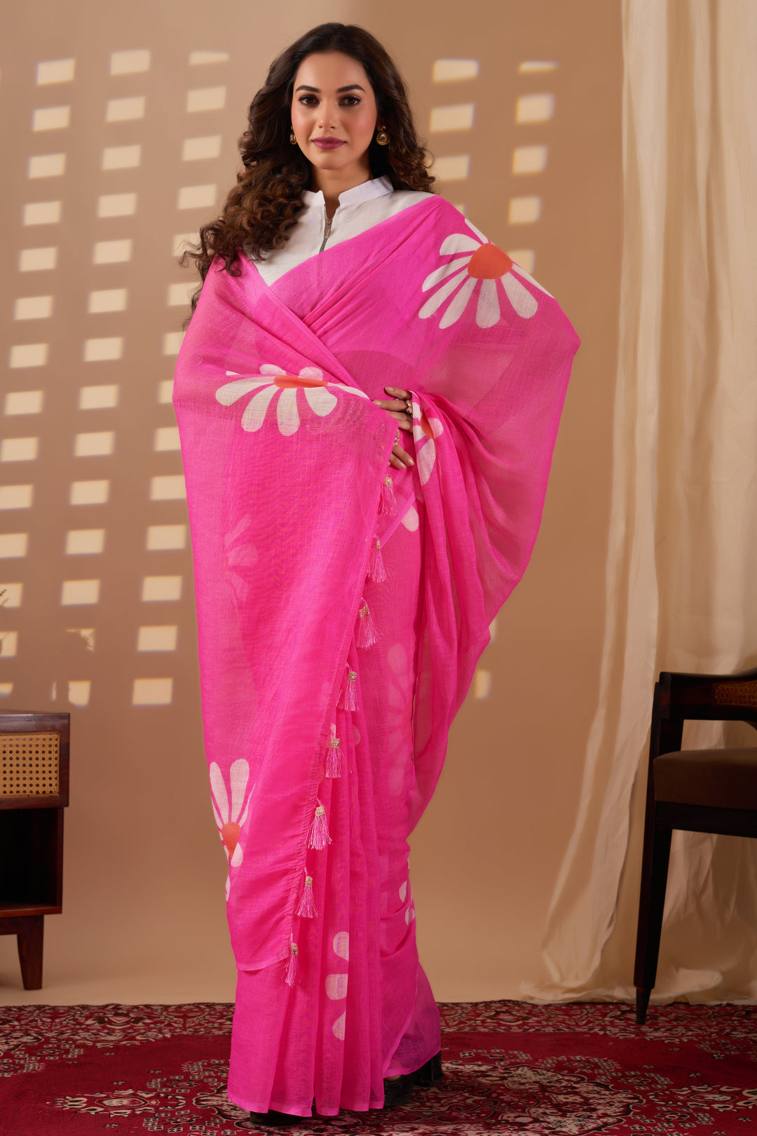 Gulbahar cotton linen digital print Light Pink saree with heavy tassels