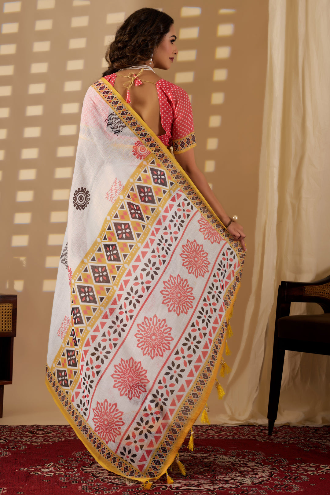 Indian motif cotton linen digital print White colour saree