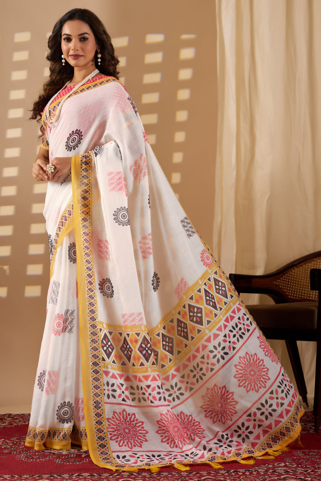 Indian motif cotton linen digital print White colour saree