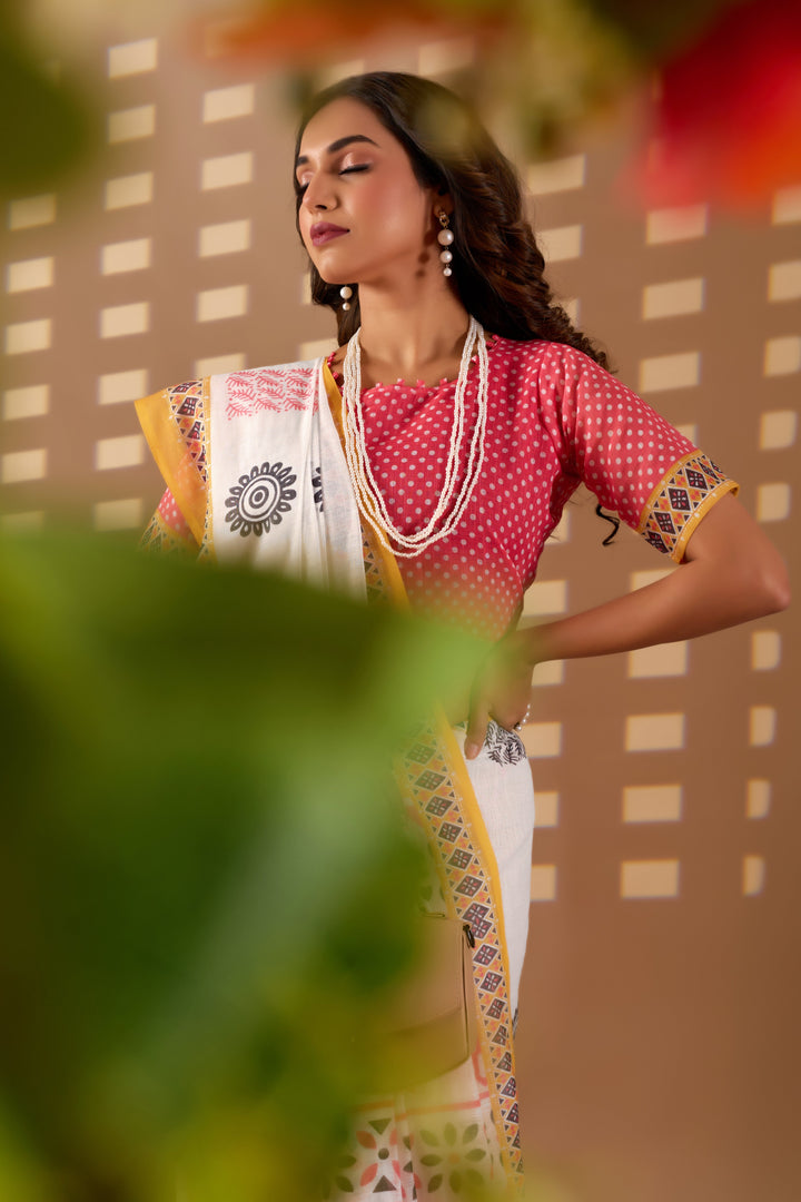 Indian motif cotton linen digital print White colour saree