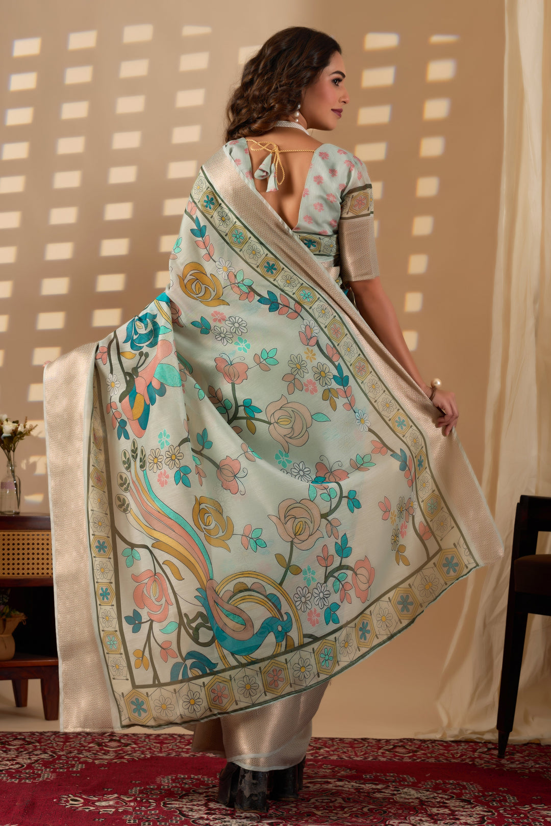 Chanderi Silk golden border digital print peacock design