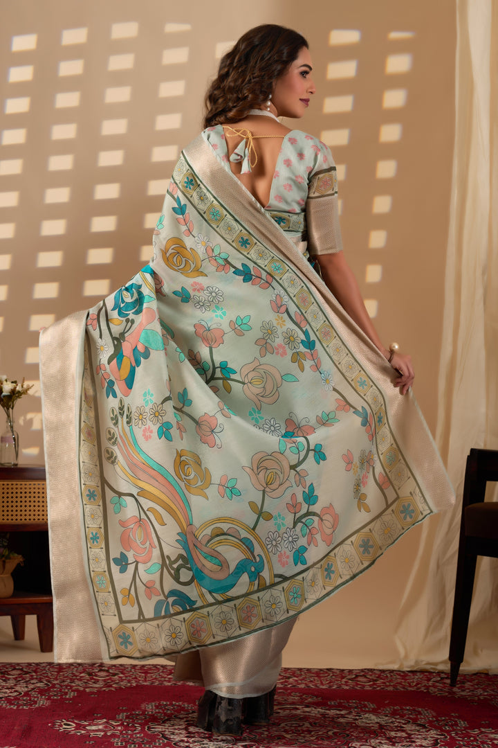 Chanderi Silk golden border digital print peacock design