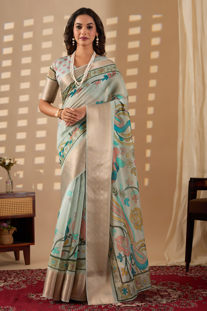 Chanderi Silk golden border digital print peacock design