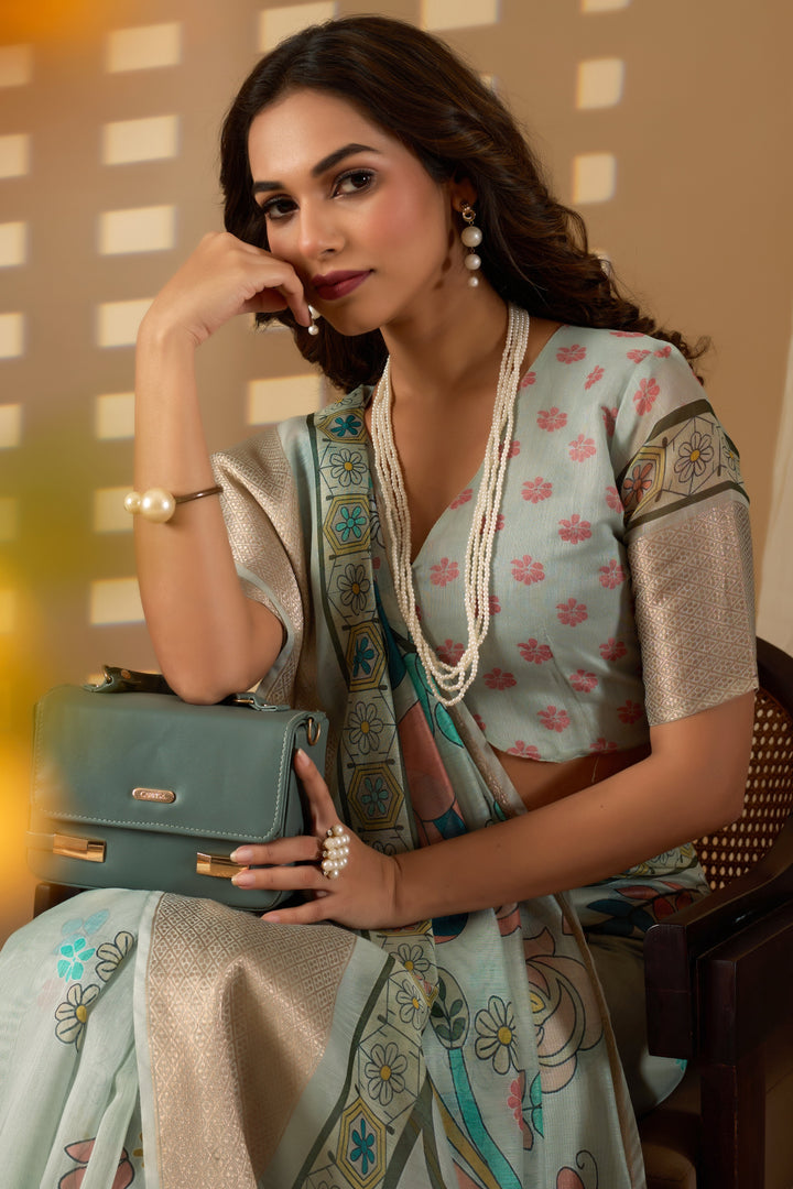 Chanderi Silk golden border digital print peacock design