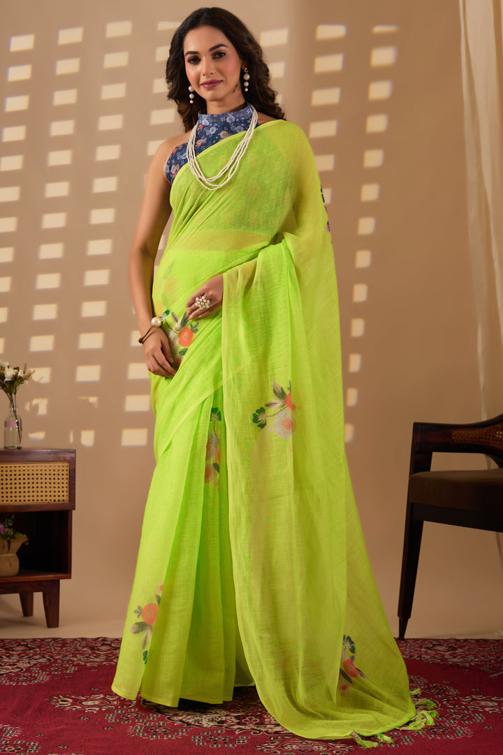 Parrot green cotton linen digital print Green Colour saree with heavy tassels