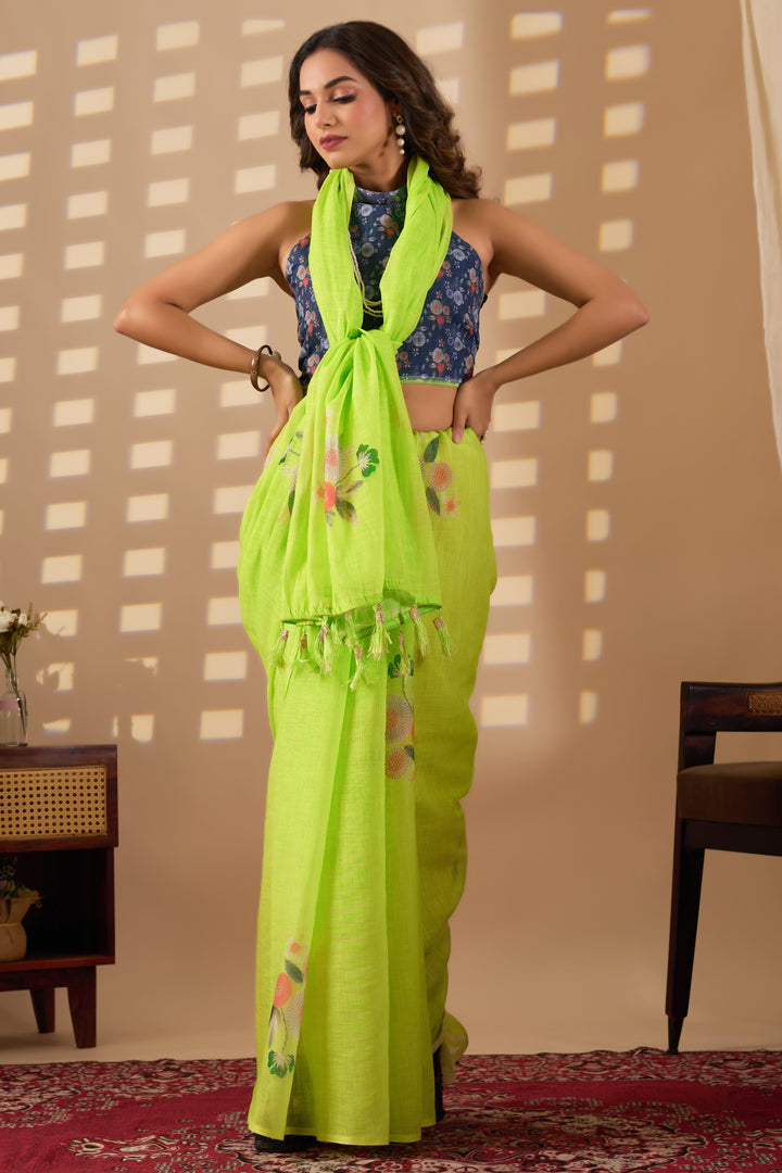 Parrot green cotton linen digital print Green Colour saree with heavy tassels