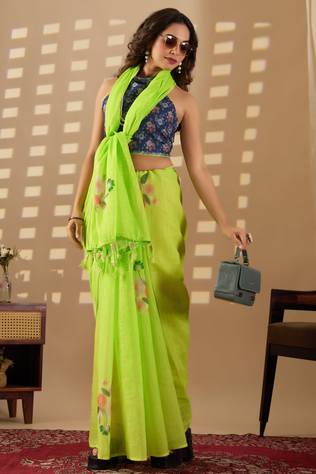Parrot green cotton linen digital print Green Colour saree with heavy tassels