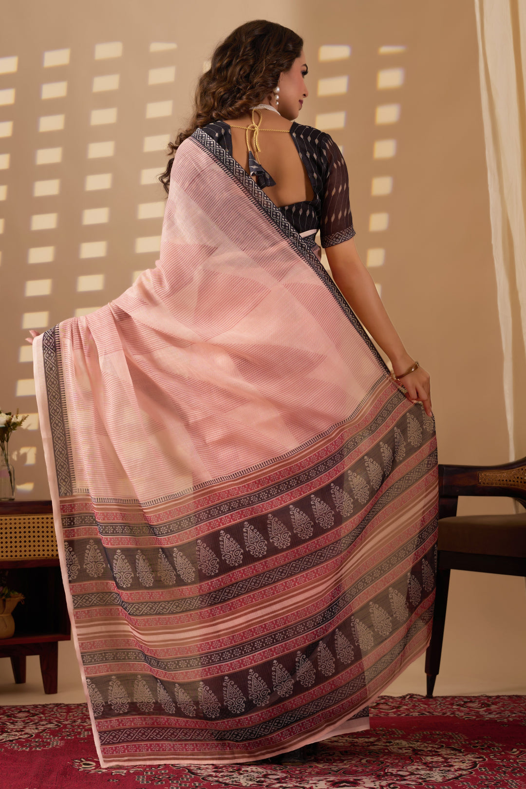 Geometric cotton linen digital print White & Red with Black Border saree