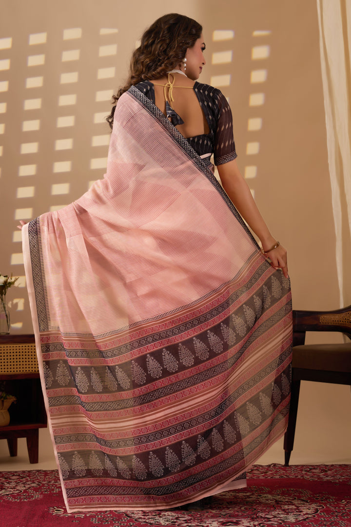 Geometric cotton linen digital print White & Red with Black Border saree