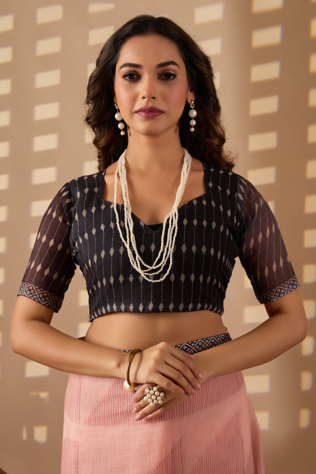 Geometric cotton linen digital print White & Red with Black Border saree