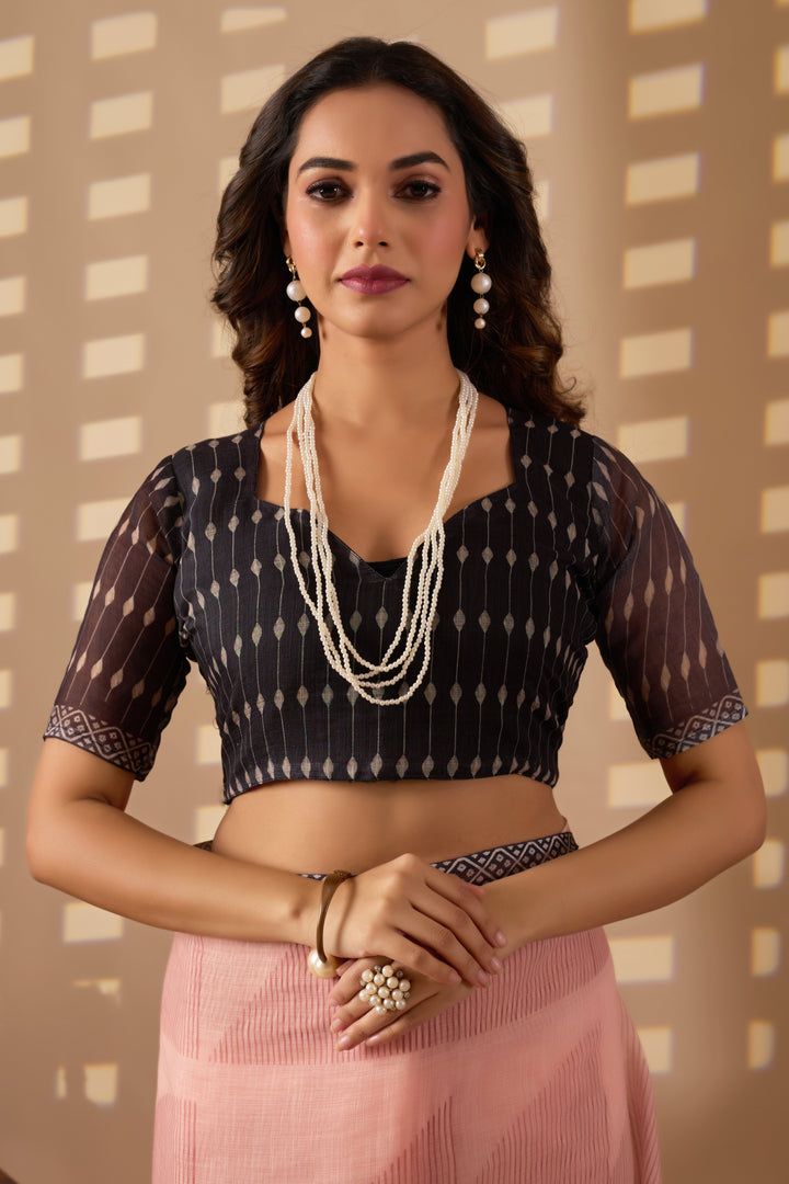 Geometric cotton linen digital print White & Red with Black Border saree