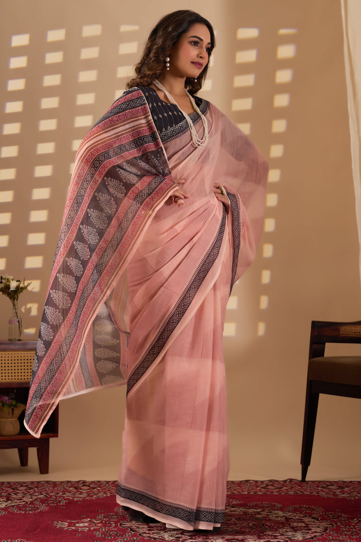 Geometric cotton linen digital print White & Red with Black Border saree