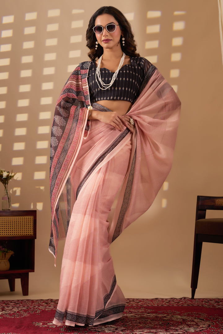 Geometric cotton linen digital print White & Red with Black Border saree
