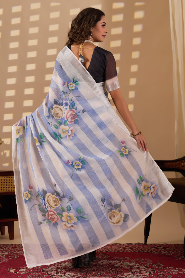 Stripes cotton linen digital print Light Blue with White saree with silver border.