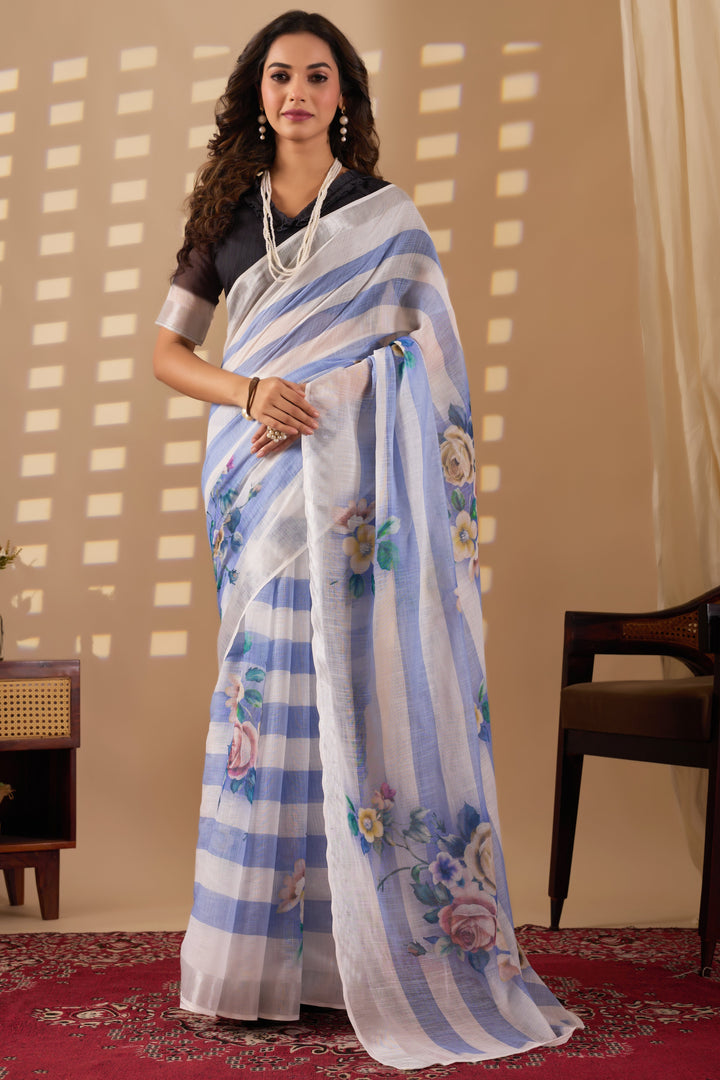 Stripes cotton linen digital print Light Blue with White saree with silver border.